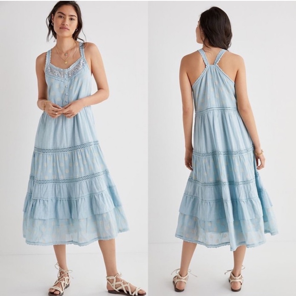 Anthropologie Blue Ruffled Tiered Halter Midi Dress